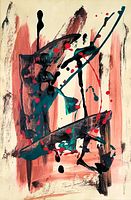 Front view of the painting showing the abstract mixed media artwork with signature lower right.