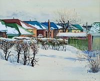 Close-up of the signed painting showing the detailed winter scene with snow, houses, trees, and bushes