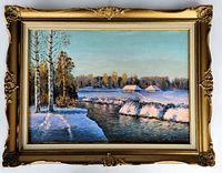 Front view of large oil on canvas winter landscape painting with gold ornate wooden frame, showing signature and overall condition.