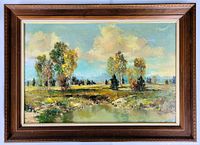 Frontal photo of the large vintage oil landscape painting in wooden frame showing overall condition, composition, and frame style.