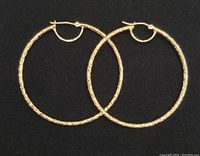 Pair of gold textured hoop earrings laid flat on black background.