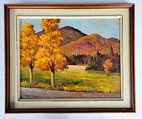 Frontal image of oil painting showing autumn landscape with yellow trees, green field, and hills in background, framed in vintage wood frame.