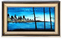 Frontal view of framed oil painting showing mid-century modern cityscape with water and leafless trees in foreground.