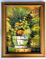 Front view of MCM still life oil painting showing the entire artwork and frame with signature visible at lower right.
