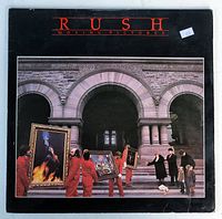 Front album cover of Rush Moving Pictures LP showing people carrying paintings in front of arched stone building.