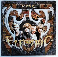 Front cover of The Cult Electric album showing band members and colorful artwork