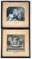 Two framed steel engravings, one above the other, showing entire framed works with mattings and wear on frames.