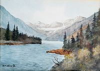 Close-up photo of the watercolour painting signed W.T. Wood, showing the lake, trees, and mountains.