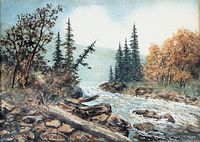 Close-up of the original watercolour painting showing detailed scenic river, trees, and mountains under a cloudy sky.