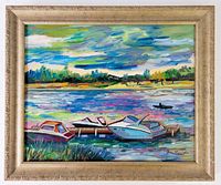 Framed oil painting showing a marina scene with boats docked on water beneath a colorful sky, vibrant with varied brush strokes and colors.
