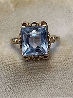 Front view of 10k gold ring featuring square cut blue topaz