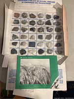 Full view of open fold-out board displaying 50 numbered rock chip samples from 51 to 100 plus informational sheet with mountain photo.