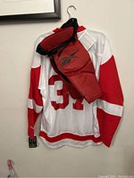 Rear view of Detroit Red Wings jersey number 37 with red hockey shorts draped over hanger, showing Reebok logos and tags.