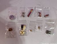 Full lot view showing all 10 military pins and medals in plastic bags on a white surface.