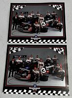 Two NASCAR pictures featuring No. 3 Goodwrench Chevrolet and racing team.
