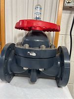 Front view of the dark gray industrial diaphragm valve with red hand wheel showing its overall shape and construction.
