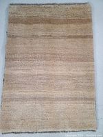 Full view of the beige and brown-toned wool Gabbeh rug, showing its size and minimal patterning.