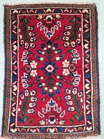 Full view of the Persian rug showing the detailed floral tribal design and vibrant colors against a red background.