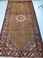 Top view of the Persian rug showing the intricate central medallion and border design with geometric and floral motifs.