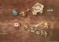 Top-down view of military pins and tie clip arranged on a wooden surface showing all items.