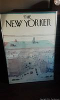 Front view of framed print showing The New Yorker cover art, cityscape