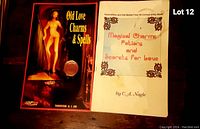 Photo of two paperback witchcraft books 'Old Love Charms & Spells' and 'Magical Charms, Potions and Secrets for Love' on a wooden surface.