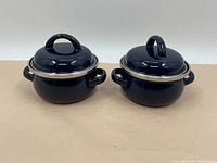 Pair of deep blue enameled steel dishes with lids and side handles, shown from front and top view.