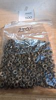 Clear plastic bag containing approximately 250 black stainless steel serrated hex flange lock nuts, labeled '250x'.