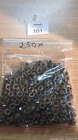 Plastic bag containing 250 small black stainless steel serrated hex flange locknuts, labeled with the quantity 250x