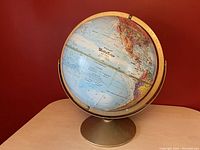 Front view of the globe showing the Pacific Ocean, North and South America, metal base and meridian with degree markings.