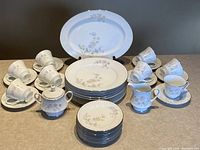 Full set layout showing stack of dinner, dessert, and salad plates, teacups, saucers, cream and sugar dishes, and serving platter in background.