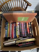 Top view into a cardboard box showing a collection of hardcover and paperback children's and young adult books in worn condition, colorful spines visible.