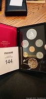 1977 Canadian coin set in black display case with red velvet interior; includes various denominations and silver dollar coin.