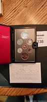 Full view of 1980 Canadian uncirculated coin set in black display case with red velvet interior lining and informational sheet.