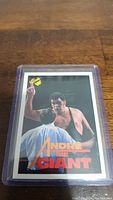 Photo of a Pro Set wrestling card of Andre The Giant in a protective hard plastic sleeve, showing a clear image of Andre The Giant in a black singlet.