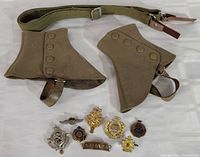 Photo shows two khaki canvas gaiters with button closures and leather straps, a green canvas military web belt, and eight assorted metal military badges representing Canadian military units from WWII era.