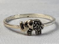 Close-up image of the sterling silver ring showing the elephant figure with textured details and the thin band.