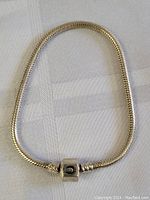 Full view of the sterling silver snake chain bracelet arranged in an oval shape showing the clasp detail.