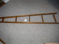 Full view of the knotty pine decorative ladder lying flat on carpeted floor, showing wood grain and ladder rungs.