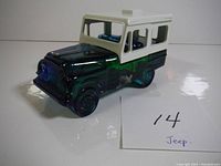 Front-side view of the blue-green and white Jeep-shaped Avon after shave bottle showing form and design.