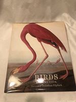 Photo of the book cover featuring a detailed illustration of a pink flamingo with the title 'Birds Katerina Cook' and cover artist mention Jonathan Elphick.