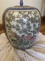 Close-up of the 12-inch ginger jar showing detailed floral and bird design with blue and gold accents.