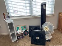 Photo of entire lot including fans, record albums, DVDs, and a small shelving unit.