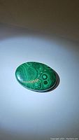 Oval malachite cabochon gemstone showing natural green banded patterns under light.