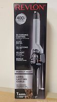 Box of Revlon curling iron showing product specifications and features.