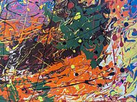 Close-up of the painting showing textured thick paint, abstract bright colors with orange, green, black, and splattered lines.