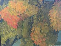 Close-up of the tree leaves showing autumn colors and brush texture in painting.