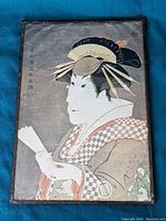 Front view of vintage Japanese Ukiyo-e woodblock print plaque with visible traditional figure and detailed attire.