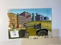 Photo of original hand painted watercolor animation background painting showing detailed cityscape and yellow car gas cap