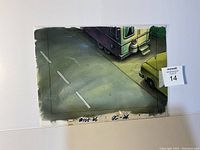 Original hand painted animation background showing a road with partial tram and car, laid flat with a MaxSold lot number tag visible.